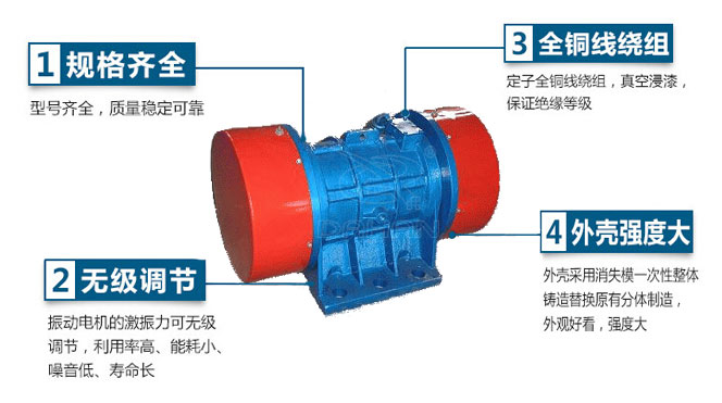 VB振動(dòng)電機(jī)特點(diǎn)：1，規(guī)格齊全：型號(hào)齊全，質(zhì)量穩(wěn)定可靠。2，無(wú)極調(diào)節(jié)：振動(dòng)電機(jī)的激振力可無(wú)極調(diào)節(jié)，利用率高，能耗小，噪音低，壽命長(zhǎng)。4，外殼輕度大：外殼采用消失模一次性整體鑄造替換原有分體制造，外觀好看，強(qiáng)度大。