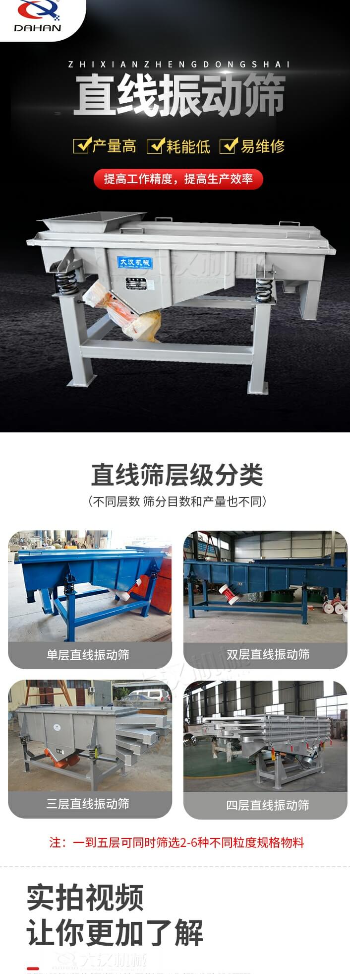 直線振動篩特點：產(chǎn)量高，耗能低，易維修同時能夠提高工作精度，提高生產(chǎn)效率等優(yōu)勢。直線振動篩層級分類：單層，雙層，三層，四層等不同層數(shù)，篩分目數(shù)和產(chǎn)量也會有所不同。直線振動篩篩分塑料顆粒試機現(xiàn)場：塑料顆粒從入料口進入直線振動篩，由雙電機帶動機體振動，產(chǎn)生的振動頻率使大小不一的塑料顆粒被篩網(wǎng)篩分，自動分層排料,篩分效率高