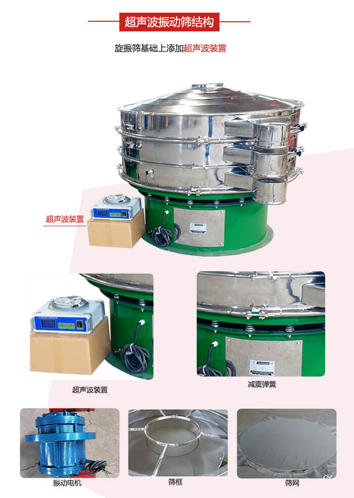 圓篩機(jī)內(nèi)部結(jié)構(gòu)：主要由振動(dòng)電機(jī)、篩框、篩網(wǎng)、超聲波系統(tǒng)、減震彈簧等展示圖