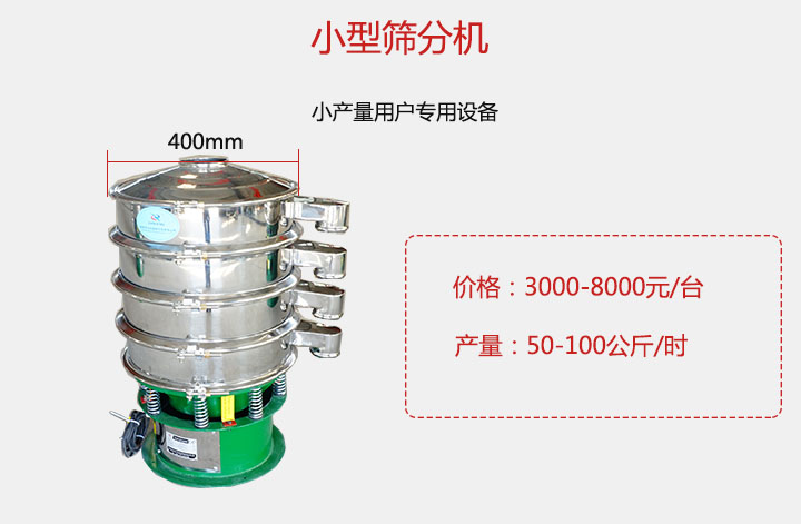 小型篩分機(jī)產(chǎn)量可達(dá)100公斤/時(shí)，價(jià)格3000元起。