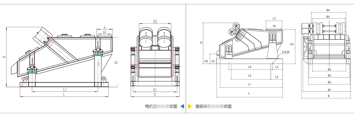 礦用振動篩電機振動式和激振器振動式的內(nèi)部結(jié)構(gòu)尺寸圖。