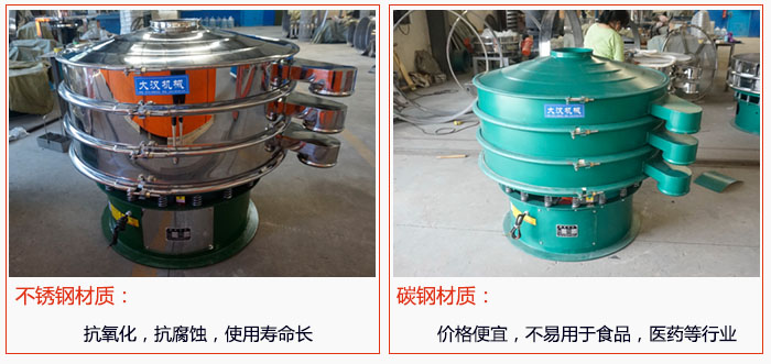 800型振動(dòng)篩有不銹鋼和碳鋼兩種材質(zhì)，不銹鋼材質(zhì)：抗氧化，抗腐蝕，使用壽命長(zhǎng) 碳鋼材質(zhì)：價(jià)格便宜，不易篩分食品，化工，醫(yī)藥等行業(yè)的物料。