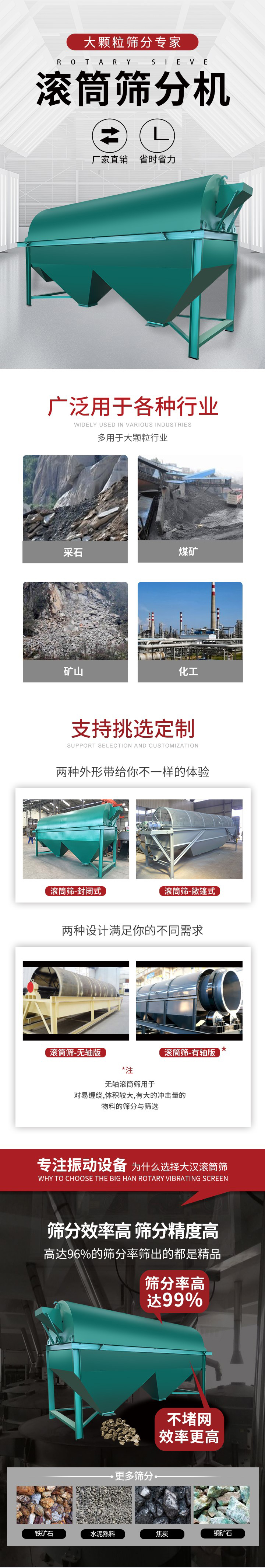 滾筒篩分機(jī)大顆粒篩分專家：廠家直銷，省時省力。滾筒篩被廣泛應(yīng)用各種行業(yè)：多用于大顆粒行業(yè)例如：采石，煤礦，礦山，化工等。滾筒篩定制類型有哪些：封閉式與敞篷式產(chǎn)品結(jié)構(gòu)分為：無軸式，有軸式兩種，無軸滾筒篩用于對纏繞，體積較大，有大的沖擊量的物料的篩分與篩選。滾筒篩篩分效率高篩分精度能夠達(dá)到：96%也比較適用于鐵礦石，水泥熟料，焦炭，銅礦石。滾筒篩特點(diǎn)：不飛粉末：密封隔離罩，密封性好，工作過程不會出現(xiàn)飛粉現(xiàn)象。外型尺寸是按筒體長計