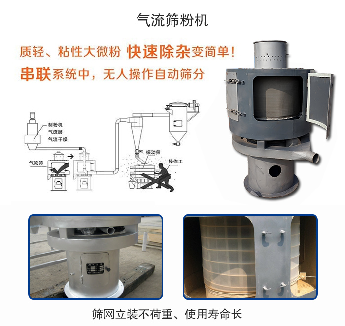 氣流篩粉機(jī)適用：質(zhì)輕，粘性大微粉采用串聯(lián)系統(tǒng)重，無(wú)人操作自動(dòng)篩分 特點(diǎn)：篩網(wǎng)立裝不負(fù)重，使用壽命長(zhǎng)。