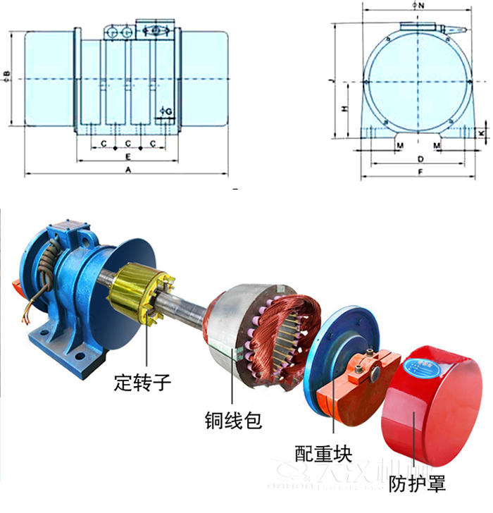 YZS振動(dòng)電機(jī)內(nèi)部主要部件：定轉(zhuǎn)子，銅線(xiàn)包，配重塊，防護(hù)罩。