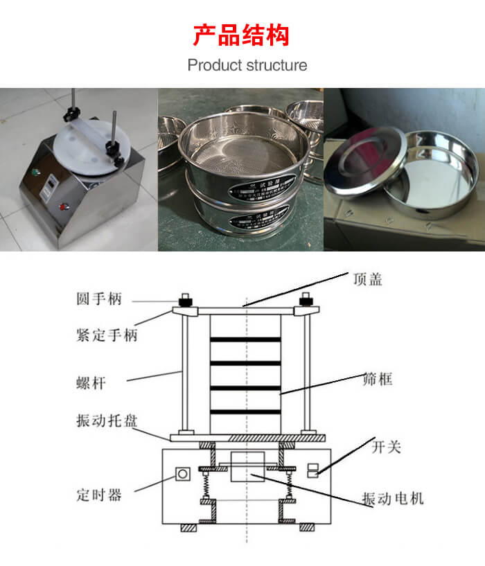 實(shí)驗(yàn)室振動(dòng)篩-試驗(yàn)篩結(jié)構(gòu)主要由：圓手柄，緊定手柄，螺桿，振動(dòng)托盤，篩框，頂蓋等。